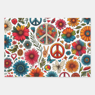 1960er Hippie Couple Blume Child Peace & Liebe art Geschenkpapier Set
