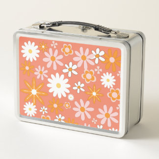 1960er Retro Orange Blumen Metall Lunchbox