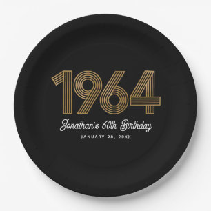 1964 Schwarzes Faux-Gold 60. Geburtstag Pappteller