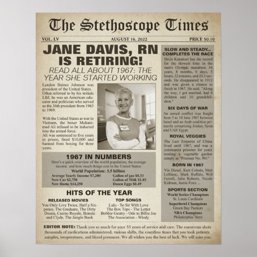 1967 Stethoscope Times for Nurse Retirement Party Poster (Vorne)