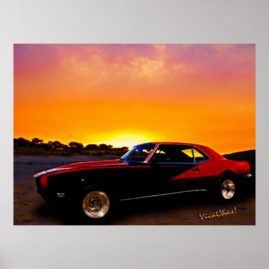 1969 Camaro am Rocky Ridge für Sonnenuntergang Poster (Vorne)
