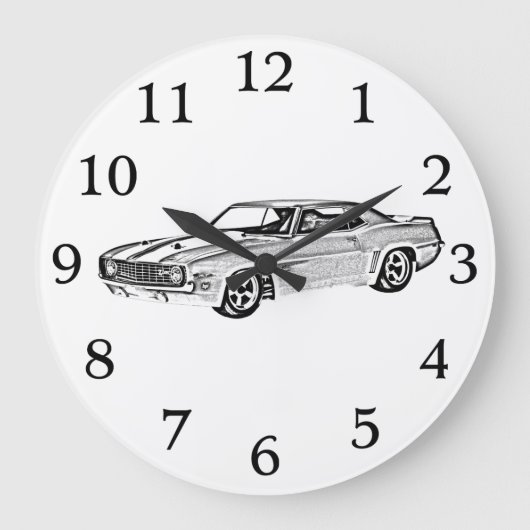 1969 Camaro Z28 Black and White Bowtie Muscle Car Große Wanduhr (Vorderseite)