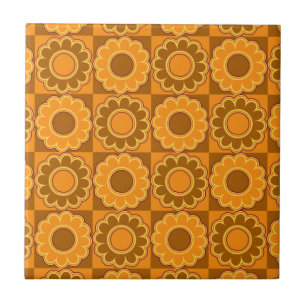 1970er Flower-Power Braun und Orange Retro Fliese