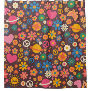 1970er Jahre groovy Friedenszeichen Planet Retro H Duschvorhang