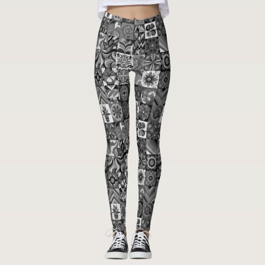 1970er Schwarz-Weiß-Muster Retro-Stil Maßgeschneid Leggings (Vorderseite)