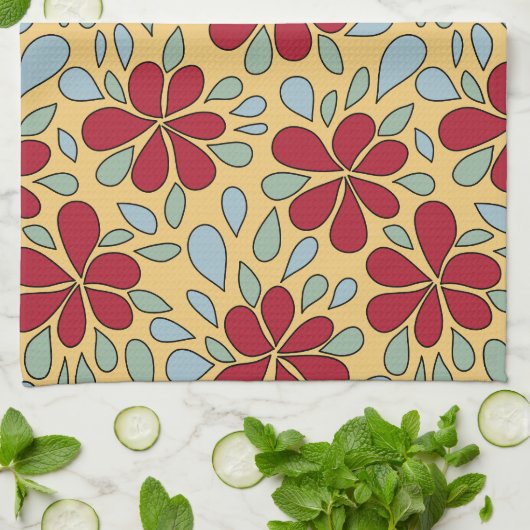 1970s Retro Abstract Flowers Red Blue Green Yellow Geschirrtuch (Gefaltet)