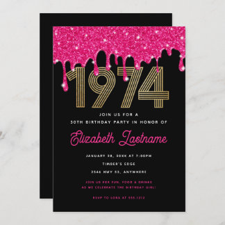 1974 Rosa Glitzer Tropfen 50. Geburtstag Einladung