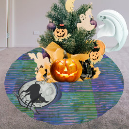 1974 Style Black Cat und Vollmond Blue Green Polyester Weihnachtsbaumdecke