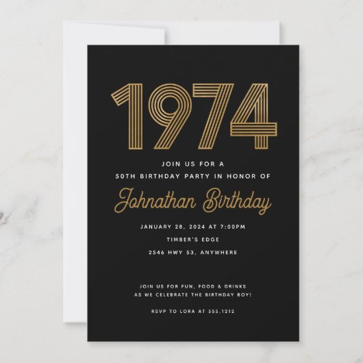 1974 White Black Gold 50th Birthday Invitation Einladung (Vorderseite)