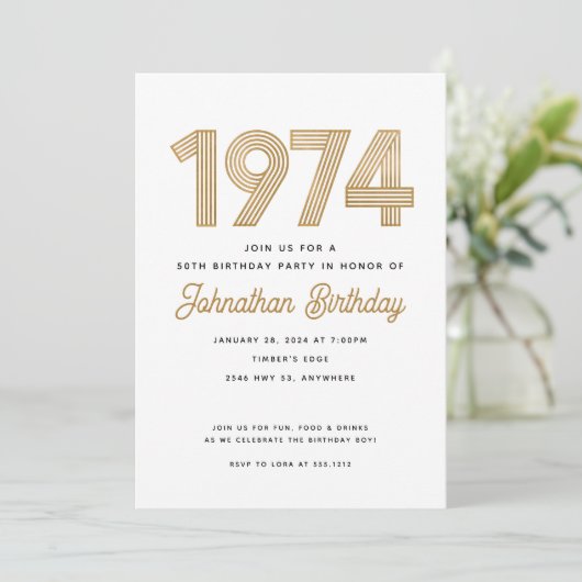 1974 White Black Gold 50th Birthday Invitation Einladung (Stehend Vorderseite)