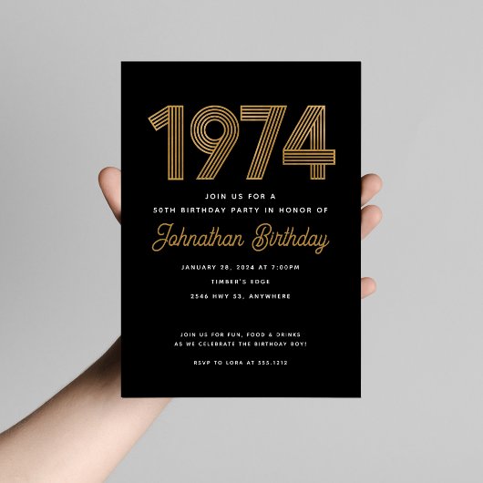 1974 White Black Gold 50th Birthday Invitation Einladung