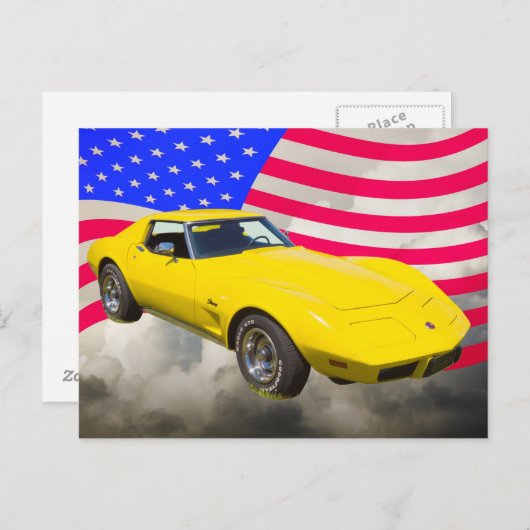 1975 Corvette Stingray mit amerikanischer Flagge Postkarte (Vorne/Hinten)