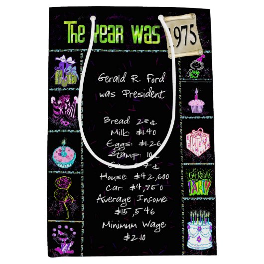 1975 Geburtstag Trivia auf Schwarz Mittlere Geschenktüte (Vorderseite)