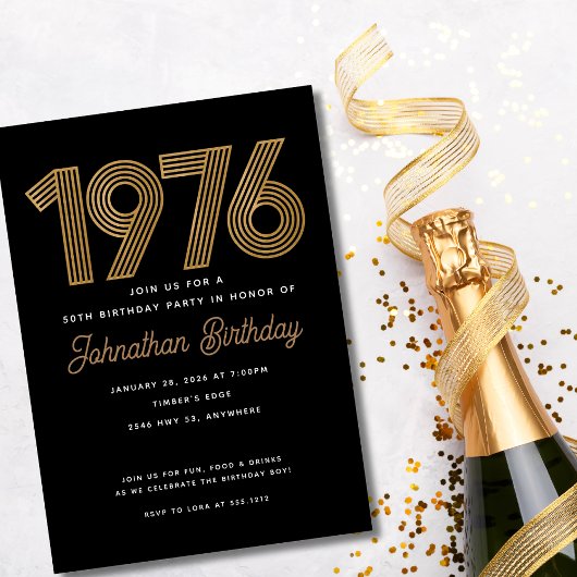1976 Black and Faux Gold 50th Birthday Invitation  Einladung