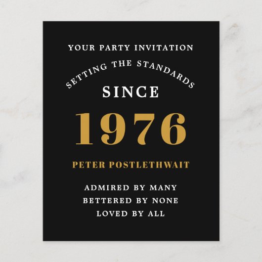 1976 Budget 50th Birthday Invitation Black Gold Flyer (Vorne)