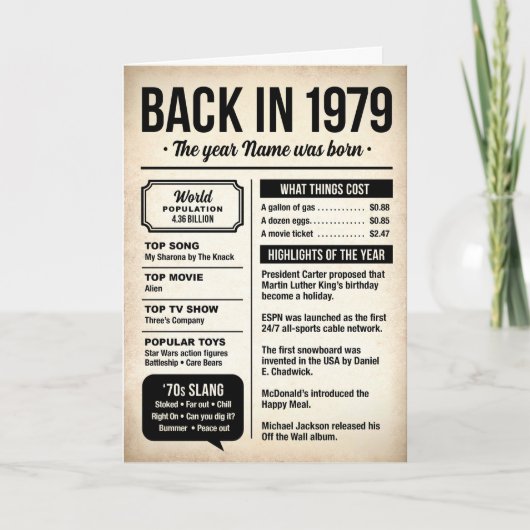 1979 Back in the Day, Fun Facts Birthday Card Karte (Vorderseite)