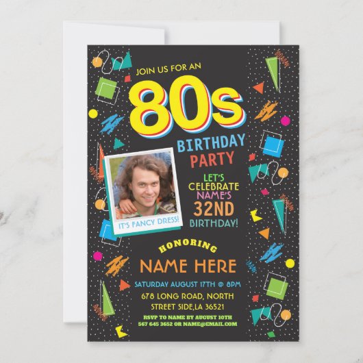 1980er-Jahre-Geburtstagsparty Achtzigerjahre-Foto  Einladung (Vorderseite)