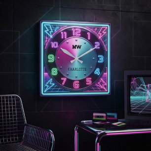 1980er Synthwave Neon Retro-Futuristische Blitze Quadratische Wanduhr