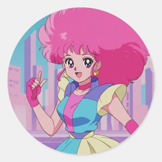 1980s anime-style characters runder aufkleber (Vorderseite)