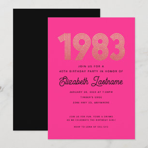 1983 Hot Pink Schwarz Gold 40. Geburtstagseinladun Einladung