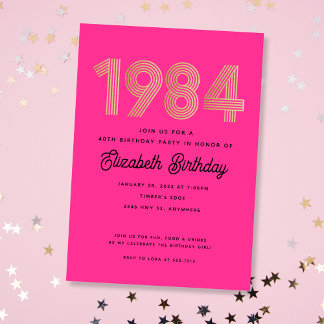 1984 Hot Pink Black Gold 40th Birthday Invitation Einladung