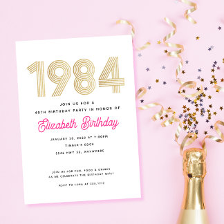 1984 Hot Pink White Gold 40th Birthday Invitation Einladung