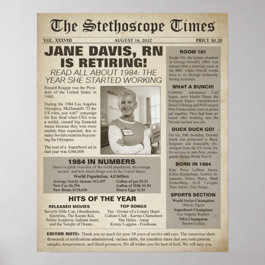 1984 Stethoscope Times for Nurse Retirement Party Poster (Vorne)