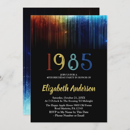 1985 Retro 40. Geburtstag Party anpassbar Einladung (Vorne/Hinten)