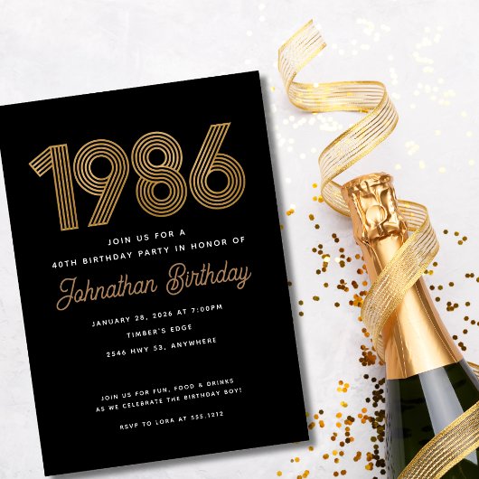 1986 Black and Faux Gold 40th Birthday Invitation Einladung
