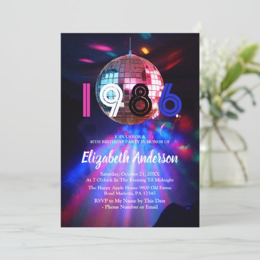 1986 Disco Ball 40th Birthday Party Invitation Einladung (Stehend Vorderseite)