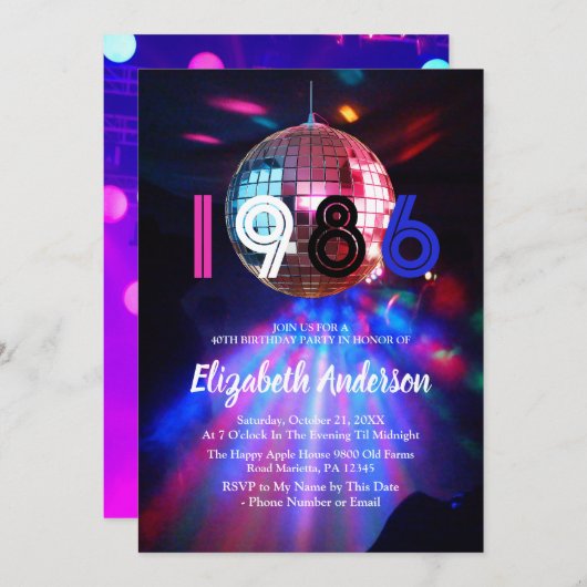 1986 Disco Ball 40th Birthday Party Invitation Einladung (Vorne/Hinten)