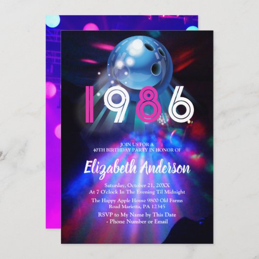 1986 Disco Bowling 40th Birthday Party Invitation Einladung (Vorne/Hinten)
