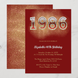 1986 Retro Vintage 40th Birthday Red Glitter Party Einladung