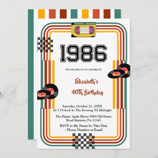1986 Retro Vintage Cassette Disco 40th Birthday Einladung (Vorne/Hinten)