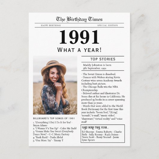 1991 Zeitung Geburtstagskarte Postkarte (Vorderseite)