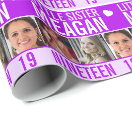 19. Geburtstag drei Fotos lila kleine Schwester Geschenkpapier