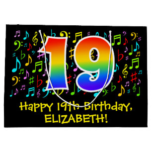 19. Geburtstag - Farbige Musiksymbole, Regenbogen  Große Geschenktüte