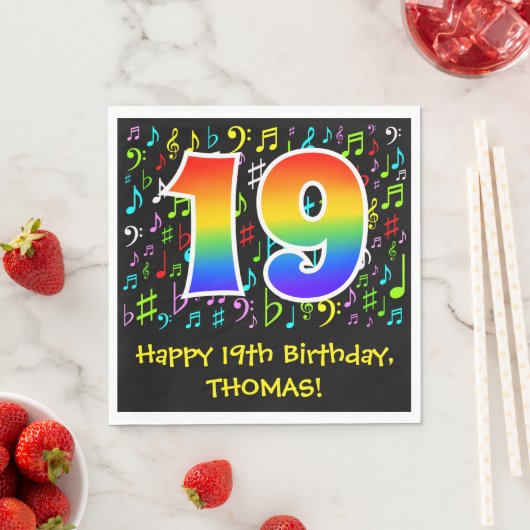 19. Geburtstag - Farbige Musiksymbole, Regenbogen Serviette (Beispiel)