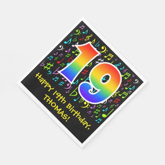 19. Geburtstag - Farbige Musiksymbole, Regenbogen  Serviette (Ecke)