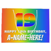 19. Geburtstag: Farbiges, lustiges Regenbogenmuste Große Geschenktüte (Rückseite)