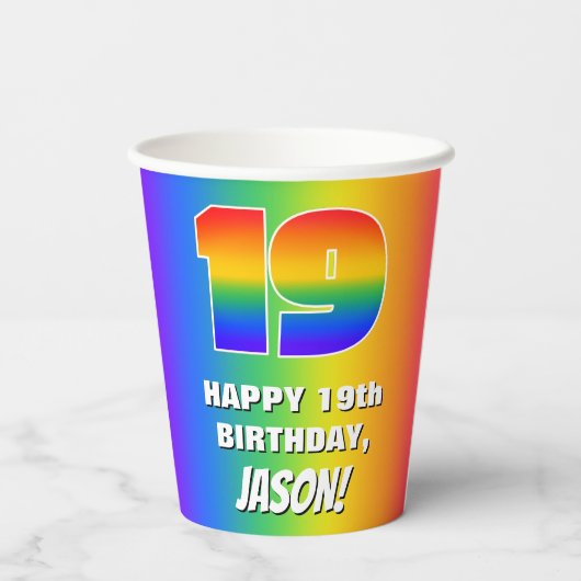 19. Geburtstag: Farbiges, lustiges Regenbogenmuste Pappbecher (Rückseite)