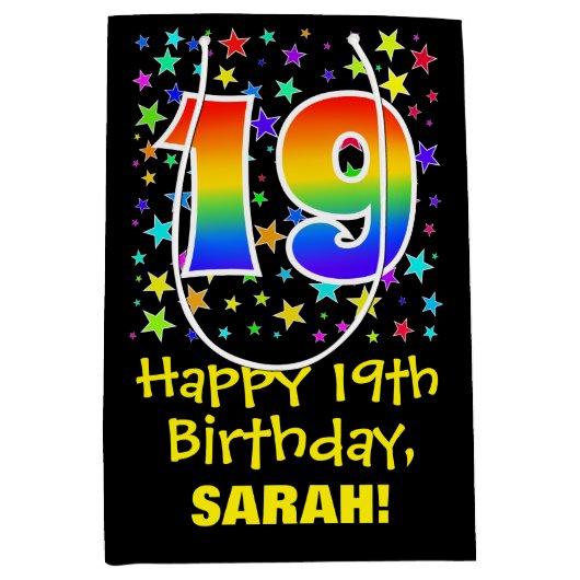 19. Geburtstag: Farbiges Sternmuster und Regenboge Mittlere Geschenktüte (Vorderseite)