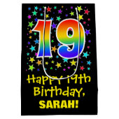 19. Geburtstag: Farbiges Sternmuster und Regenboge Mittlere Geschenktüte (Rückseite)
