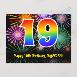 19. Geburtstag - Fun Fireworks Pattern + Regenboge Postkarte