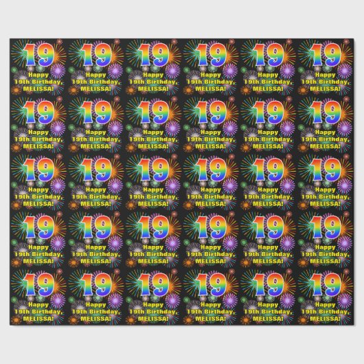 19. Geburtstag: Fun Fireworks, Rainbow Look # "19" Geschenkpapier (Saum)