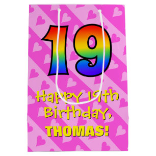 19. Geburtstag: Fun Pink Hearts Streifen; Regenbog Mittlere Geschenktüte