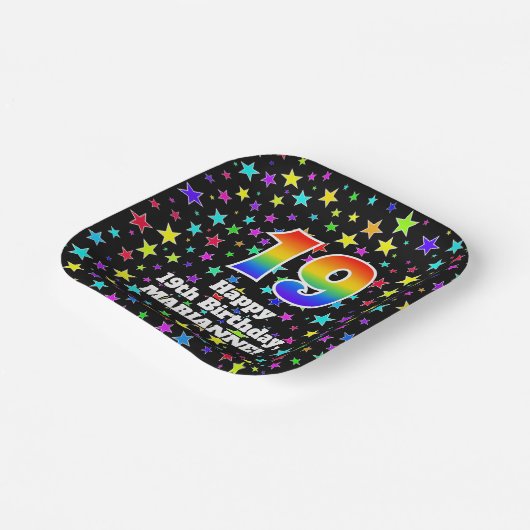 19. Geburtstag: Fun Stars Muster und Regenbogen "1 Pappteller (Gewinkelt)