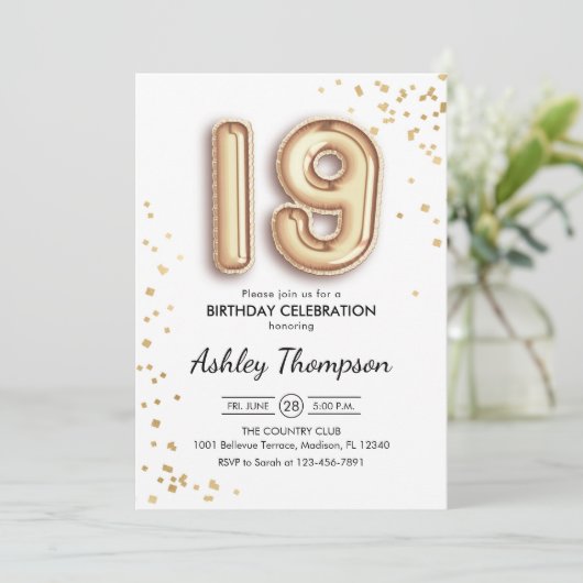 19. Geburtstag - Goldballons Einladung (Stehend Vorderseite)
