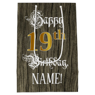19. Geburtstag: Imitate Gold Look & Imitate Holzmu Mittlere Geschenktüte
