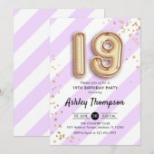 19. Geburtstag - Lila Streifen Gold Balloons Einladung (Vorne/Hinten)